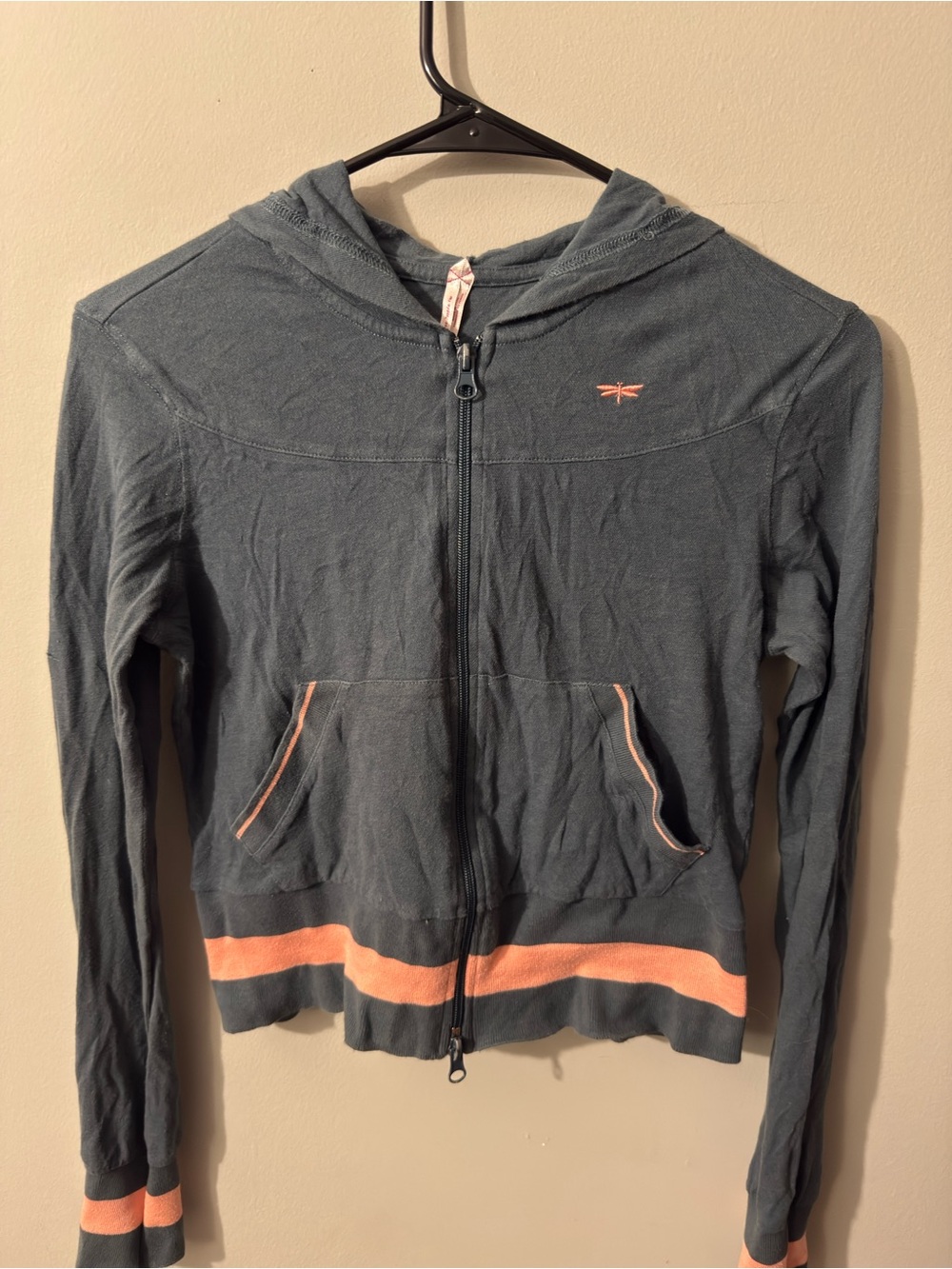 Vintage Free People Slate Blue Hoodie with Coral Trim
